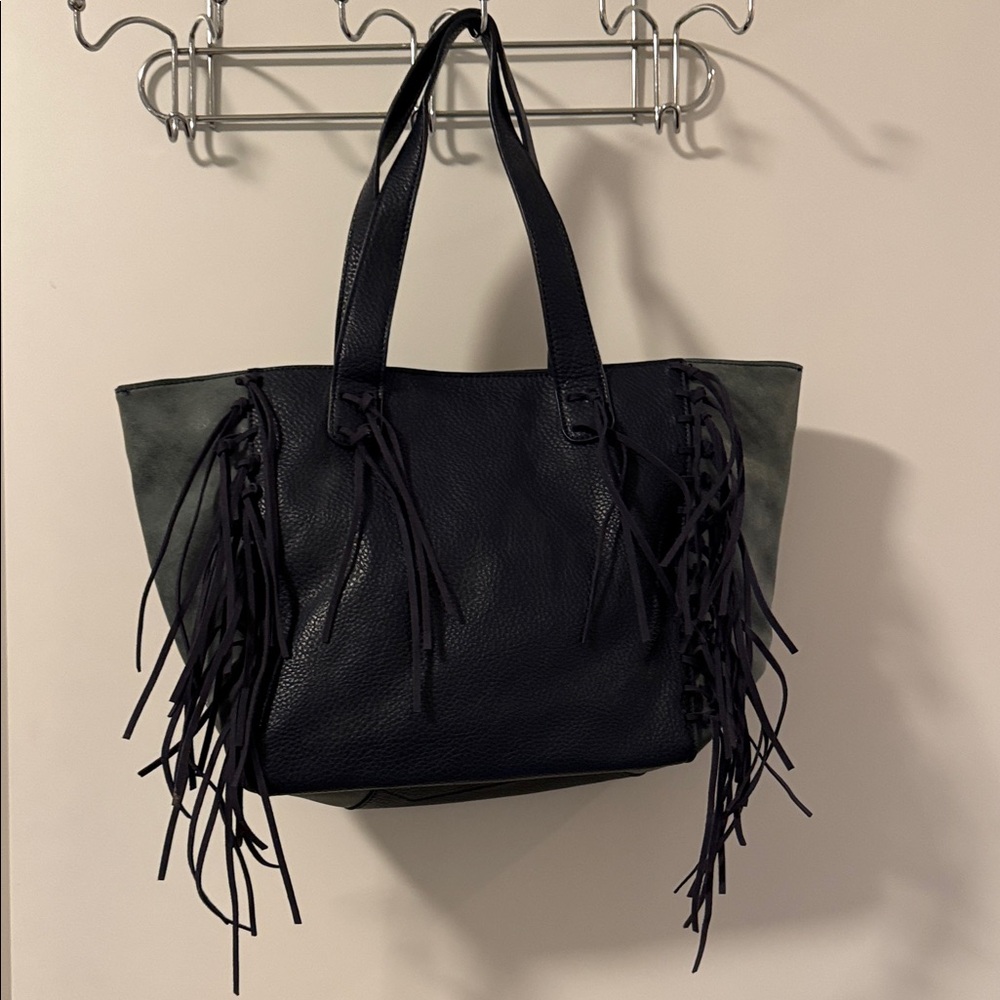 Urban Originals Blue Leather and Suede Fringe Tote